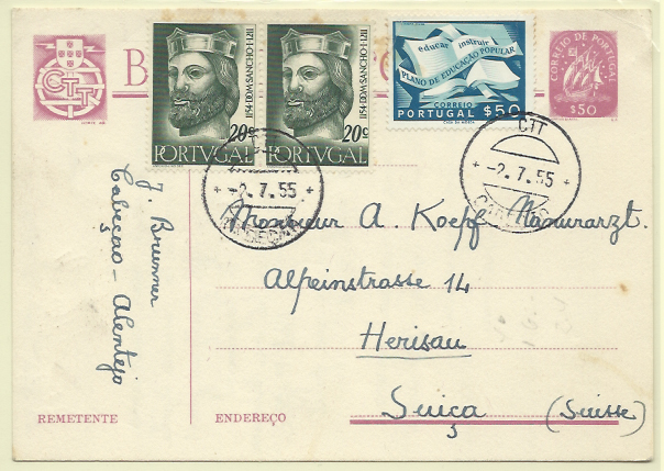 2013.jpg -     Lote:    2013      Lotes pelo Correio       Portugal       Descrição:         1949/50 &mdash; Caravela. OM16a, $50 lilás rosa claro. Inteiro do serviço nacional utilizado no serviço internacional de Cabeção (02.07.55) para a Suíça, com selos adicionais CE807 (2) e CE796.        IC       Valor Base:     &euro; 5,00     Valor Venda:     &euro; 5,00     