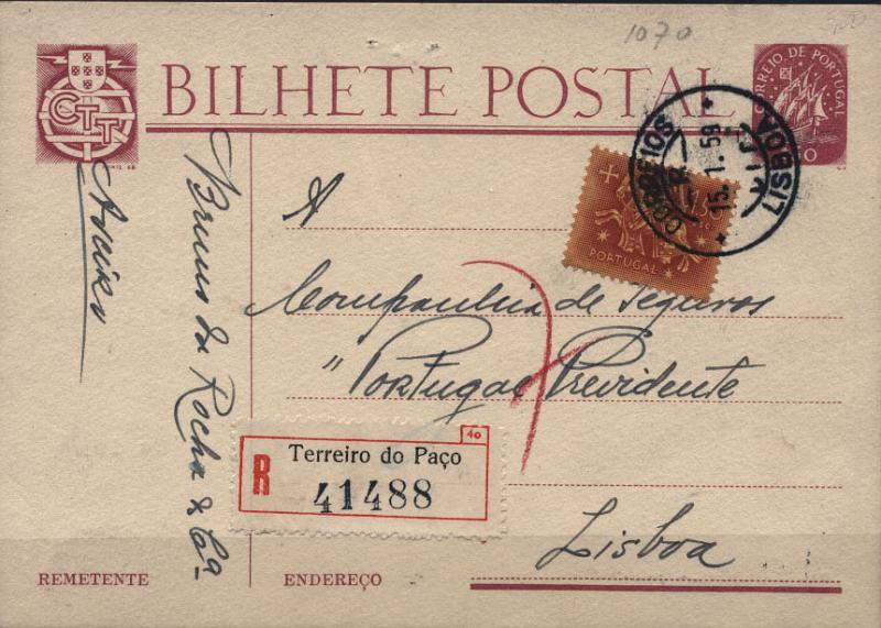 2014.jpg -     Lote:    2014      Lotes pelo Correio       Portugal       Descrição:         1949/50 &mdash; Caravela. OM116, 50c lilás-rosa, circulado registado em Lisboa (15.01.58), com selo adicional de 1$50 tipo Cavaleiro Medieval, CE770.        IC       Valor Base:     &euro; 5,00     Valor Venda:     Retirado     