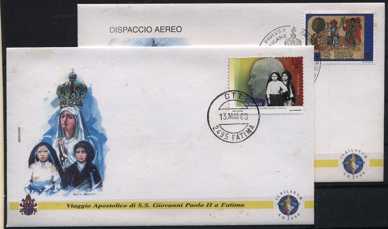 2017.jpg -     Lote:    2017      Lotes pelo Correio       Portugal       Descrição:         2000 &mdash; Visita de S. S. o Papa João Paulo II a Fátima. Sobrescritos. Lote de dois sobrescritos, um circulado com selo da visita CE2688 e marca de dia de Fátima (13.05.2000) e outro com selo do Vaticano e respectivo carimbo comemorativo da visita.        IC       Valor Base:     &euro; 6,00     Valor Venda:     Retirado     