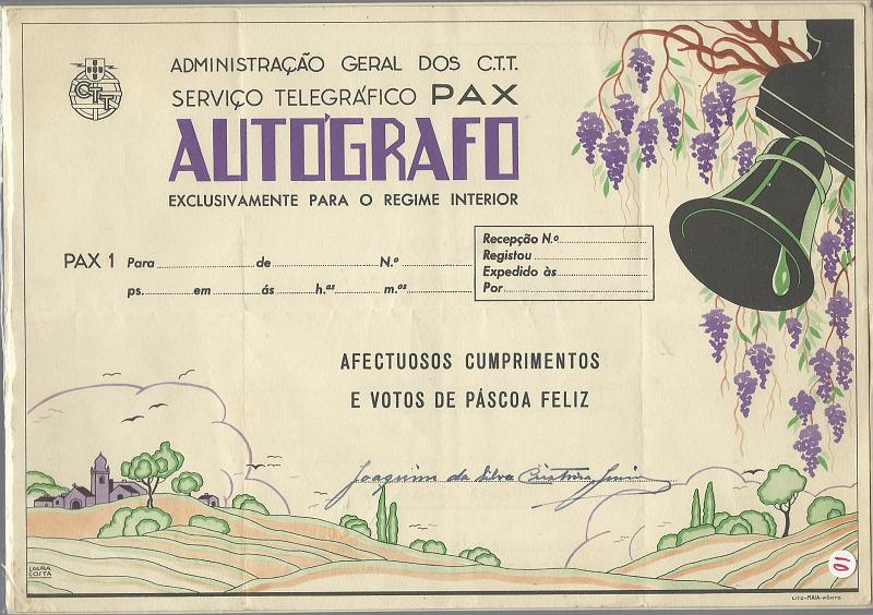 2022.jpg -     Lote:    2022      Lotes pelo Correio       Portugal       Descrição:         1939/45 - Quatro telegramas PAX (um autógrafo, circulado), três novos, sendo dois repetidos mas em tons claramente diferentes. Lote a ver.        IC/IN       Valor Base:     &euro; 10,00     Valor Venda:     &euro; 16,00     