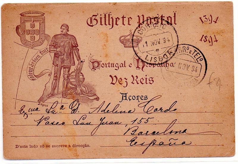 2025.jpg -     Lote:    2025      Lotes pelo Correio       Açores       Descrição:         1894 &mdash; V Centenário do Nascimento do Infante D. Henrique. OM18, 10 reis, lilás-cinzento. Circulado de São Miguel (04.11.94) para Espanha com trânsito por Lisboa (11.11.94).        IC       Valor Base:     &euro; 8,00     Valor Venda:     Retirado     