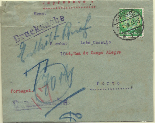 2043.jpg -     Lote:    2043      Lotes pelo Correio              Descrição:         Porteado * 1932/33 &mdash; Tipo Etiquetas. Sobrescrito circulado de Hamburgo (21.01.38) para o Porto com insuficiência de porte. Foi porteado com selo de $80 CE POR52,        Carta       Valor Base:     &euro; 6,00     Valor Venda:     Retirado     