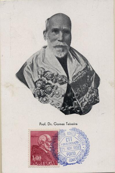 2047.jpg -     Lote:    2047      Lotes pelo Correio              Descrição:         1952 &mdash; 1.º Centenário do Nascimento do Prof. Dr. Gomes Teixeira. Postal ilustrado concordante com selo CE753, obliterados com carimbo comemorativo do 1.º dia de circulação do Porto (25.11.52).        PM       Valor Base:     &euro; 6,00     Valor Venda:     &euro; 6,00     