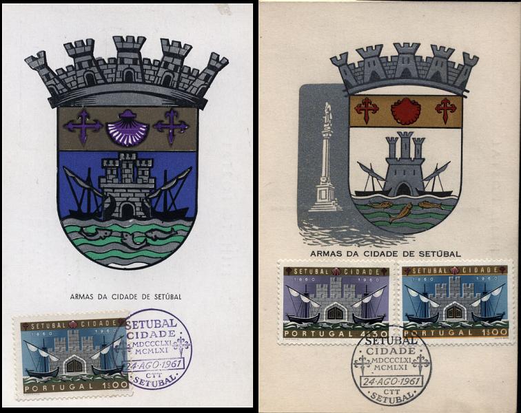 2056.jpg -     Lote:    2056      Lotes pelo Correio              Descrição:         1.º Centenário da Cidade de Setúbal. Dois postais ilustrados concordantes com selos de 1$00 e 4$30 CE876/77 (um com a série e outro só com selo de 1$00), obliterados com carimbo comemorativo do 1.º dia de circulação de Setúbal (24.08.61).        PM       Valor Base:     &euro; 8,00     Valor Venda:     &euro; 8,00     