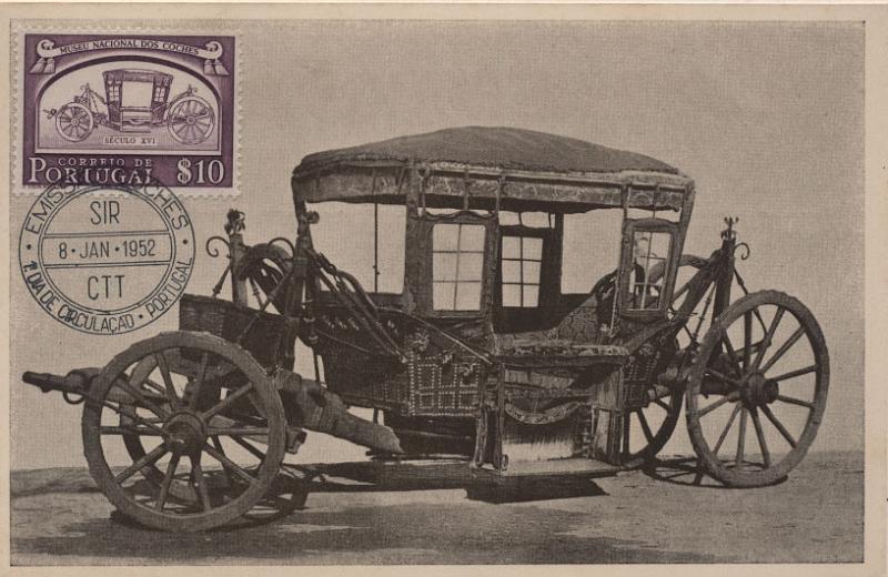 2071.jpg -     Lote:    2071      Lotes pelo Correio              Descrição:         Coches (Museu Nacional dos Coches). Lote de dois postais máximos com selos de $10 e $20, CE74&frac14;2. Carimbos do 1.º dia de circulação do SIR (08.01.52).        PM       Valor Base:     &euro; 6,00     Valor Venda:     Retirado     