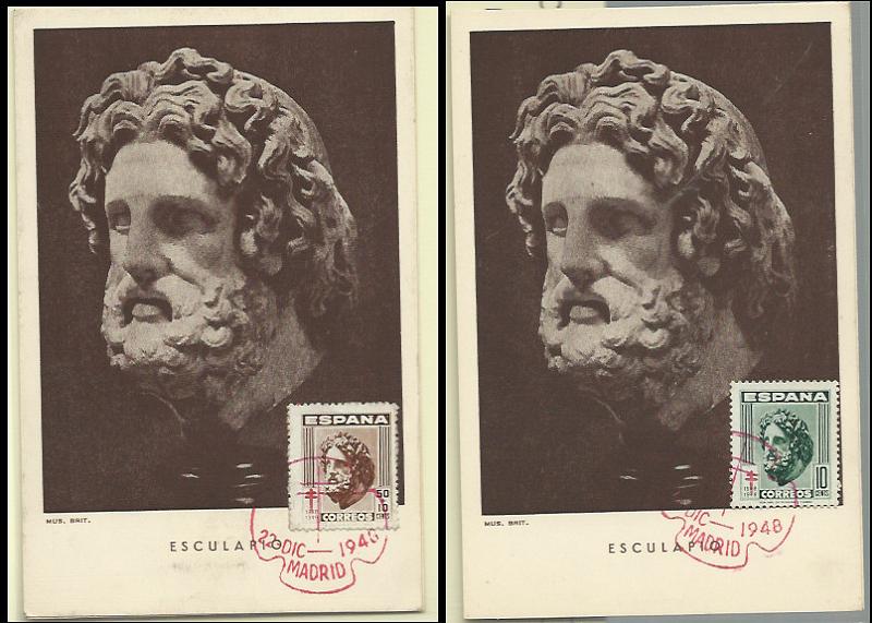 2106.jpg -     Lote:    2106      Lotes pelo Correio              Descrição:      Espanha (Esculapio) &mdash;   Lote de dois postais máximos com postais idênticos concordantes respectivamente com selo de 10c (verde) e selo de 50+10c castanho, obliterados com carimbo comemorativo de Madrid (22.12.40).        PM       Valor Base:     &euro; 10,00     Valor Venda:     Retirado     