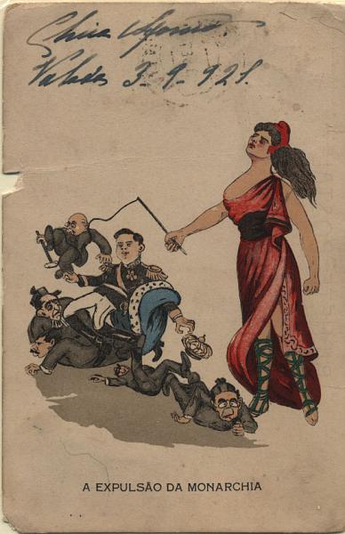 2168.jpg -     Lote:    2168      Lotes pelo Correio              Descrição:         Humorísticos. "A EXPULSÃO DA MONARCHIA". Postal com pequenos defeitos. R.        PI       Valor Base:     &euro; 8,00     Valor Venda:     Retirado     