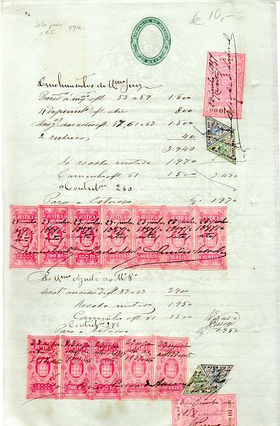 2202.jpg -     Lote:    2202      Lotes pelo Correio       Fiscais        Descrição:         Fiscais. Documento em papel com STO 80 reis, verde, oval, 1894, com C.I. 1897 60 (2) e 200 (2) reis, PB 89 e 94 e Justiça 1893, 10 (2), 50 (4), 150 (2), 700 (2) e 1$000 reis, PB 2/4, 7 e 8. Valor de catálogo, dos selos &euro; 67,00.        DOC       Valor Base:     &euro; 6,00     Valor Venda:     &euro; 6,00     