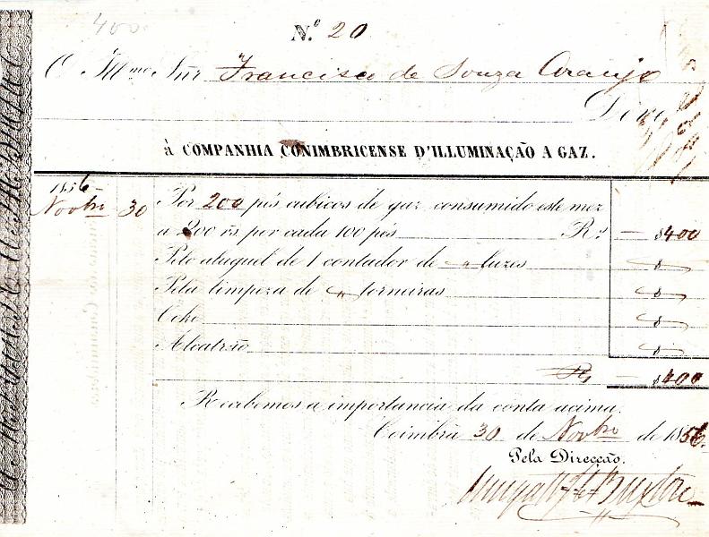 2205.jpg -     Lote:    2205      Lotes pelo Correio       Fiscais        Descrição:         Fiscais. "Companhia Conimbricense de Iluminação a Gaz", recibo de 1856, com instruções para a utilização do gás.        DOC       Valor Base:     &euro; 4,00     Valor Venda:     Retirado     