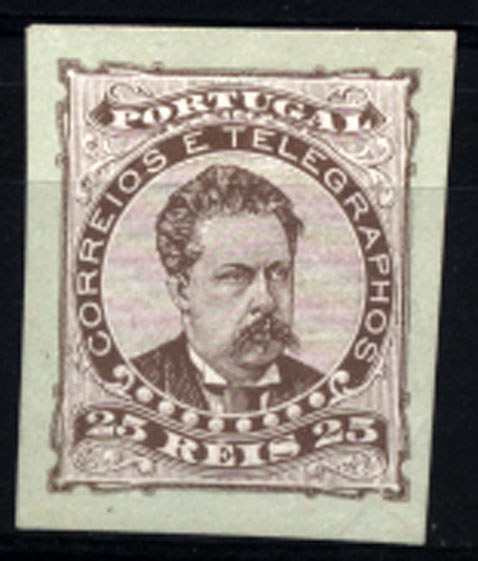 2285.jpg -     Lote:    2285      Lotes pelo Correio       Portugal       Descrição:         1882/83 &mdash; D. Luís I. De frente. CE57, 25 reis. Prova não denteada em castanho s/ verde, em papel porcelana colorido.        PRV       Valor Base:     &euro; 8,00     Valor Venda:     Retirado     
