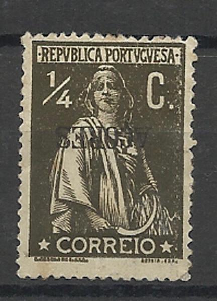 2309.jpg -     Lote:    2309      Lotes pelo Correio       Açores       Descrição:         1912/13 &mdash; Ceres. Selos do Continente com sobrecarga AÇORES. CE149, &frac14; c sépia, papel pontinhado, denteado 15x14. Selo com a sobrecarga invertida. Dois pontos de óxido no verso.        **       Valor Base:     &euro; 5,00     Valor Venda:     Retirado     
