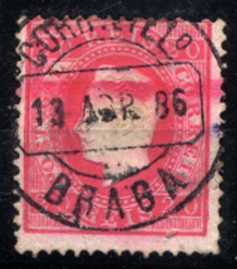 2335.jpg -     Lote:    2335      Lotes pelo Correio       Portugal       Descrição:         1884 &mdash; D. Luís I. Fita direita. Nova cor e valor. CE66, 20 reis carmim, denteado 12 &frac12;. Obliterado com traço a vermelho da telegrafia e CCD de BRAGA.        O       Valor Base:     &euro; 15,00     Valor Venda:     &euro; 15,00     