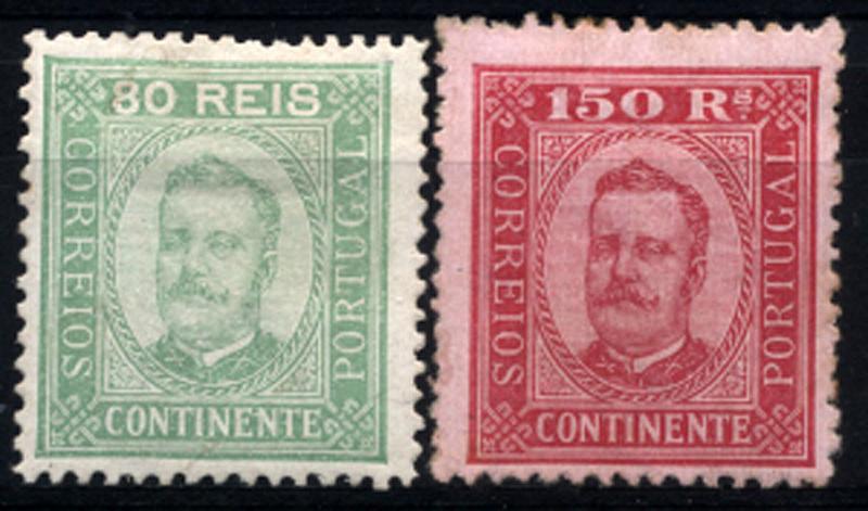 2340.jpg -     Lote:    2340      Lotes pelo Correio       Portugal       Descrição:         1892/93 &mdash; D. Carlos I tipo Diogo Neto. CE76/77. Lote composto por dois selos em papel porcelana, denteado 12 &frac12;. Selo de 150 reis com ligeiros pontos de óxido no verso. Valor de catálogo &euro; 1.298,00.        **       Valor Base:     &euro; 40,00     Valor Venda:     &euro; 75,00     