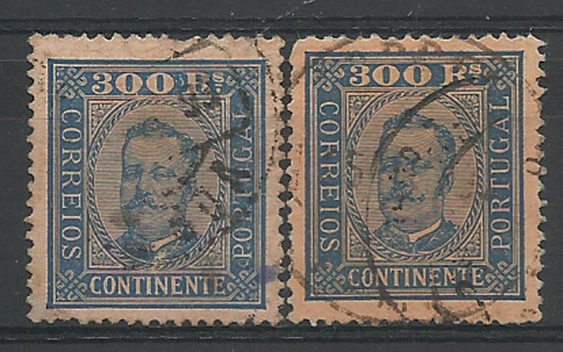 2345.jpg -     Lote:    2345      Lotes pelo Correio       Portugal       Descrição:         1892/93 &mdash; D. Carlos I, tipo Diogo Neto. CE79, 300 reis azul s/ laranja. Lote de dois selos em denteado 13 &frac12;. Um deles com falta de um canto. Valor de catálogo &euro; 244,00.        O       Valor Base:     &euro; 20,00     Valor Venda:     Retirado     