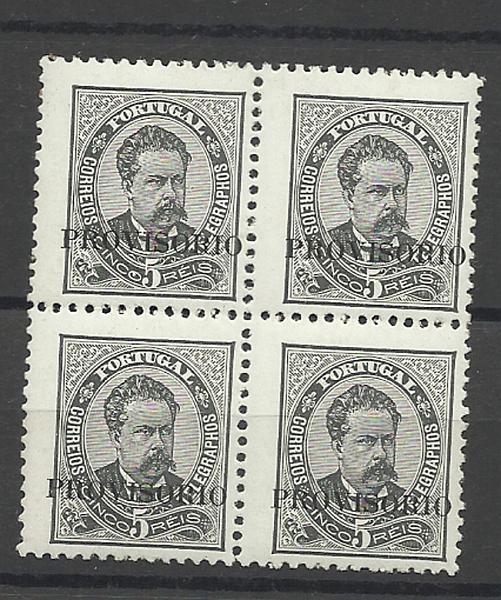 2347.jpg -     Lote:    2347      Lotes pelo Correio       Portugal       Descrição:         1892/93 &mdash; D. Luís I. Sobrecargas "PROVISORIO". CE80, 5 reis preto. Dois selos com sinal de charneira e dois sem charneira. Alguns pontos de óxido. Valor de catálogo &euro; 180,60.        ***/**       Valor Base:     &euro; 15,00     Valor Venda:     &euro; 15,00     
