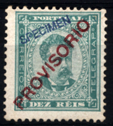 2351.jpg -     Lote:    2351      Lotes pelo Correio       Portugal       Descrição:         1892/93 &mdash; D. Luís I. Sobrecargas "PROVISÓRIO". CE83, 10 reis verde, com sobrecarga oblíqua "SPECIMEN", batida a azul. Selo com óxido no verso.        **       Valor Base:     &euro; 4,00     Valor Venda:     Retirado     