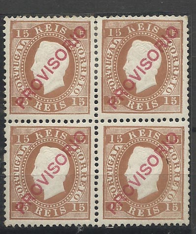 2353.jpg -     Lote:    2353      Lotes pelo Correio       Portugal       Descrição:         1892/93 &mdash; D. Luís I. Sobrecarga "PROVISÓRIO". CE84, 15 reis castanho, denteado 12 &frac12;, sobrecarga c. Quadra (dois selos com sinal de charneira e dois sem sinal). Valor de catálogo &euro; 225,60.        ***/**       Valor Base:     &euro; 30,00     Valor Venda:     Retirado     