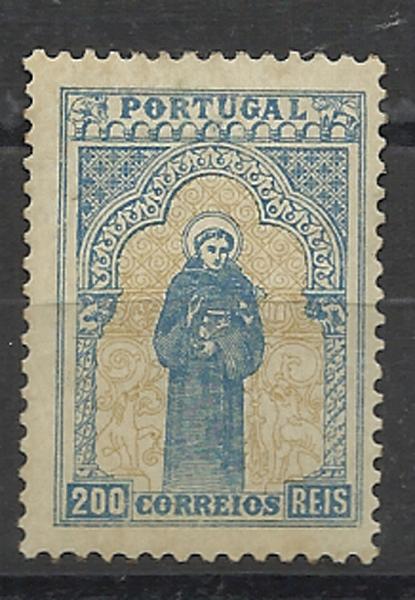 2357.jpg -     Lote:    2357      Lotes pelo Correio       Portugal       Descrição:         1895 &mdash; 7.º Centenário do Nascimento de S. António. CE122, 200 reis azul e bistre. Selo regomado.        RG***       Valor Base:     &euro; 25,00     Valor Venda:     &euro; 32,00     