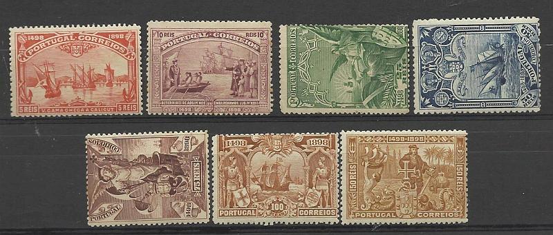 2361.jpg -     Lote:    2361      Lotes pelo Correio       Portugal       Descrição:         1898 &mdash; 4.º Centenário do Descobrimento do Caminho Marítimo para a Índia. CE148/155. Série incompleta. Falta selo de 2 &frac12; reis. Alguns selos com pontos de óxido e goma irregular. Selo de 25 reis sem goma. Lote a ver. Valor de catálogo &euro; 303,00.        **/*       Valor Base:     &euro; 20,00     Valor Venda:     Retirado     