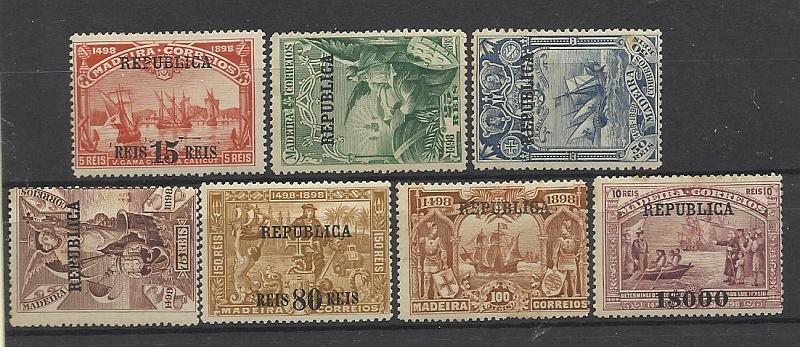 2368.jpg -     Lote:    2368      Lotes pelo Correio       Portugal       Descrição:         1911 &mdash; 4.º Centenário do Descobrimento do Caminho Marítimo para a Índia com sobrecarga REPUBLICA sobre selos da Madeira. CE198/205. Série incompleta. Falta selo de 2 &frac12; reis. Alguns selos com pontos de óxido e goma irregular. Lote a ver. Valor de catálogo &euro; 226,00.        **       Valor Base:     &euro; 15,00     Valor Venda:     &euro; 30,00     