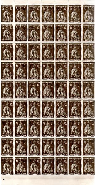 2371.jpg -     Lote:    2371      Lotes pelo Correio       Portugal       Descrição:         1912 &mdash; Ceres. CE206, &frac14; c sépia, denteado 12x11 &frac12;. Folha completa de 240 selos. Valor de catálogo &euro; 156,00.        ***       Valor Base:     &euro; 20,00     Valor Venda:     &euro; 32,00     