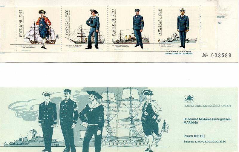 2426.jpg -     Lote:    2426      Lotes pelo Correio       Portugal       Descrição:         1983 &mdash; Uniformes Militares Portugueses. Marinha. CE1603/1606. Lote composto por 5 carteiras. Valor de catálogo &euro; 84.60.        CRT       Valor Base:     &euro; 10,00     Valor Venda:     &euro; 15,00     