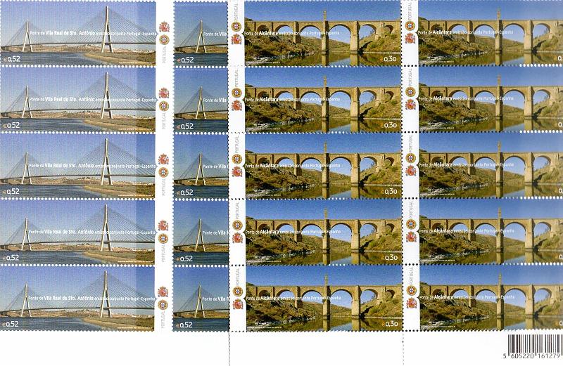 2430.jpg -     Lote:    2430      Lotes pelo Correio       Portugal       Descrição:         2006 &mdash; Pontes Ibéricas. Emissão conjunta com Espanha. CE3471/3472. Série completa em folhas de 25 selos. Valor de catálogo &euro; 42,50.        ***       Valor Base:     &euro; 15,00     Valor Venda:     &euro; 15,00     