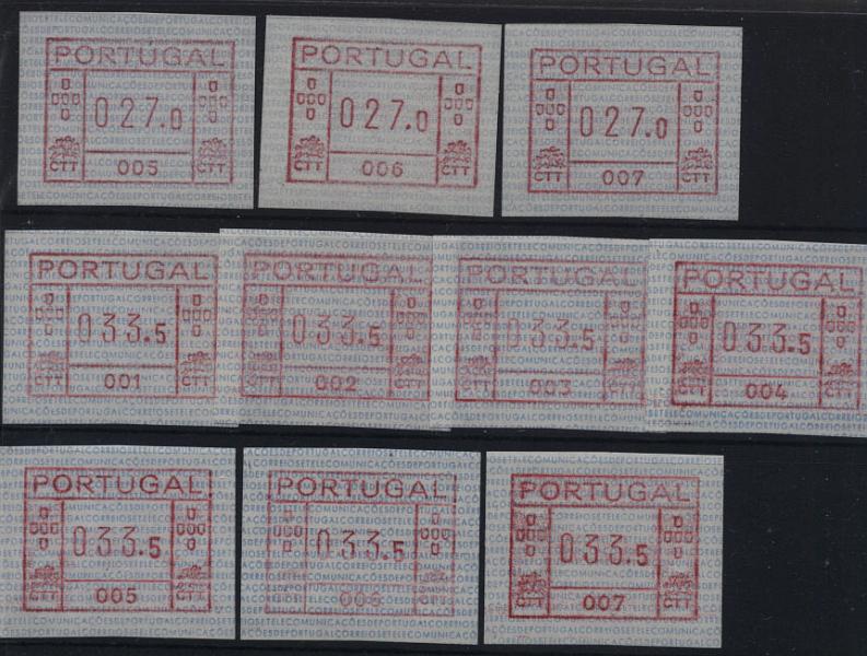 2431.jpg -     Lote:    2431      Lotes pelo Correio       Portugal       Descrição:         1981 &mdash; Correios e Telecomunicações de Portugal. Máquina FRAMA. CE ETQ1. Lote de 7 séries, uma por cada máquina de 001 a 007, com as taxas de 10$00, 27$50 e 33$00.        ETQ       Valor Base:     &euro; 50,00     Valor Venda:     &euro; 50,00     