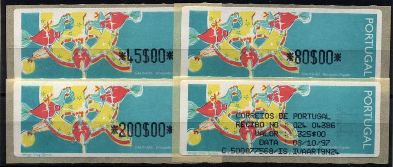 2436.jpg -     Lote:    2436      Lotes pelo Correio       Portugal       Descrição:         1995 &mdash; Brinquedos Populares * Galinhas. Máquina CROUZET. CE ETQ8. Lote de 3 etiquetas de 45$00, 80$00 e 200$00. Valores do correio ordinário para 1997. Não catalogados os valores para este ano. Acompanha recibo.        ETQ       Valor Base:     &euro; 25,00     Valor Venda:     Retirado     