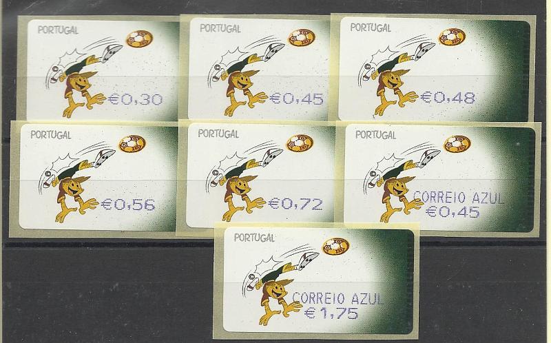 2438.jpg -     Lote:    2438      Lotes pelo Correio       Portugal       Descrição:         2004 &mdash; UEFA "Euro 2004". CE ETQ27B. Série completa para correio ordinário e correio azul.        ETQ       Valor Base:     &euro; 8,00     Valor Venda:     Retirado     