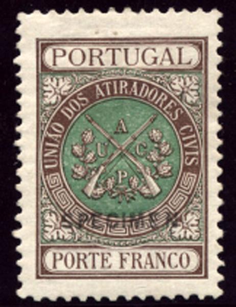 2455.jpg -     Lote:    2455      Lotes pelo Correio       Portugal       Descrição:         1899 &mdash; Porte Franco. União dos Atiradores Civis Portugueses. CE UACP2, castanho e verde. Selo com a sobrecarga a preto "SPECIMEN", distribuídos com as reimpressões de 1905.        **       Valor Base:     &euro; 6,00     Valor Venda:     Retirado     