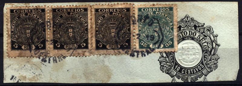 2457.jpg -     Lote:    2457      Lotes pelo Correio       Portugal       Descrição:         1919 &mdash; Escudo Nacional Monárquico. Não emitidos. Fragmento de folha de papel selado com 3 selos de 5 reis preto e 1 selo de 35 reis verde obliterados com carimbo do Porto (22.02.19). CE NE1, 4.        FRG       Valor Base:     &euro; 5,00     Valor Venda:     &euro; 5,00     