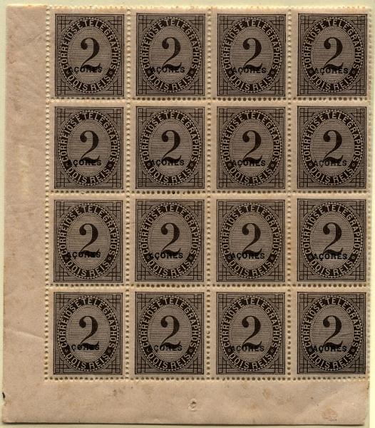 2463.jpg -     Lote:    2463      Lotes pelo Correio       Açores       Descrição:         1885 &mdash; Telegramas. CE51, 2 reis preto, com sobrecarga Açores a preto. Bloco de 16 selos em denteado 13 &frac12;. Valor de catálogo &euro; 128,00.        ***       Valor Base:     &euro; 20,00     Valor Venda:     Retirado     