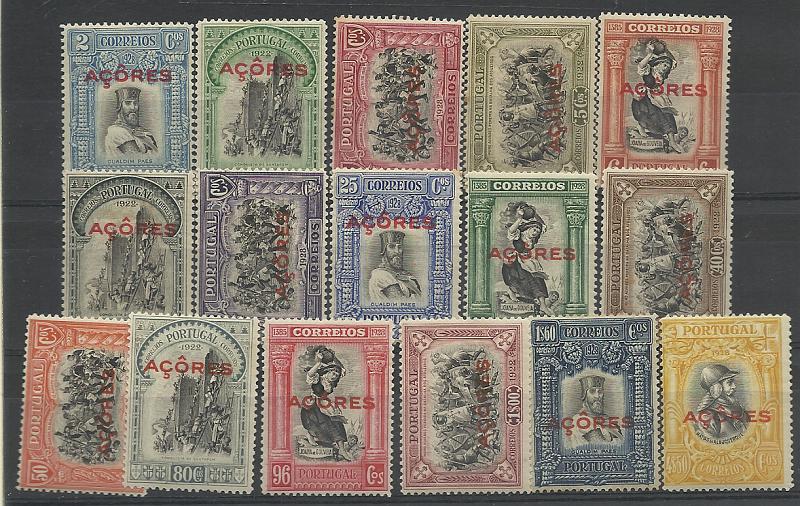 2467.jpg -     Lote:    2467      Lotes pelo Correio       Açores       Descrição:         1928 &mdash; Independência de Portugal * 3.ª emissão. Selos do Continente com sobrecarga "AÇORES". CE266/281. Série completa. Selos CE280 e 277 com ligeiros pontos de óxido. Valor de catálogo &euro; 38,00.        **       Valor Base:     &euro; 5,00     Valor Venda:     &euro; 5,00     