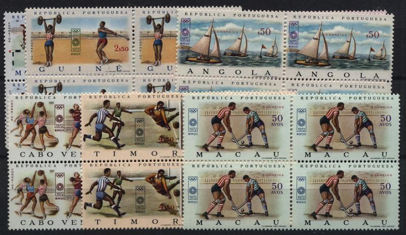 2472.jpg -     Lote:    2472      Lotes pelo Correio       Ultramar       Descrição:         Ultramar. 1972 &mdash; 20.º Jogos Olímpicos". Série comemorativa comum às 7 colónias portuguesas. Série completa em quadras. Valor de catálogo &euro; 21,20.        ***       Valor Base:     &euro; 5,00     Valor Venda:     &euro; 12,00     