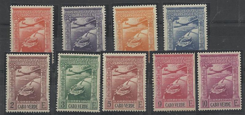 2484.jpg -     Lote:    2484      Lotes pelo Correio       Cabo Verde       Descrição:         1938 &mdash; Correio Aéreo * Império Colonial Português. CE CA1/9. Série completa. Valor de catálogo &euro; 54,00.        **       Valor Base:     &euro; 12,00     Valor Venda:     &euro; 16,00     