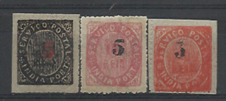 2494.jpg -     Lote:    2494      Lotes pelo Correio       Índia       Descrição:         1881 &mdash; Nativos. Com sobretaxa. CE62/64. Lote de 3 selos: 5 s/ 10 reis tipo IIB, 5 s/ 15 reis tipo IIA e 5 s/ 20 reis tipo IIB. Valor de catálogo &euro; 44,00.        **       Valor Base:     &euro; 8,00     Valor Venda:     &euro; 14,00     
