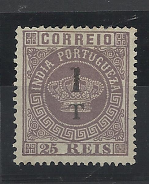 2495.jpg -     Lote:    2495      Lotes pelo Correio       Índia       Descrição:         1881/83 &mdash; Tipo Coroa, com sobretaxa. CE88, 1T s/ 25 reis violeta, denteado 13 &frac12;. Valor de catálogo &euro; 33,00.        *       Valor Base:     &euro; 6,00     Valor Venda:     &euro; 14,00     