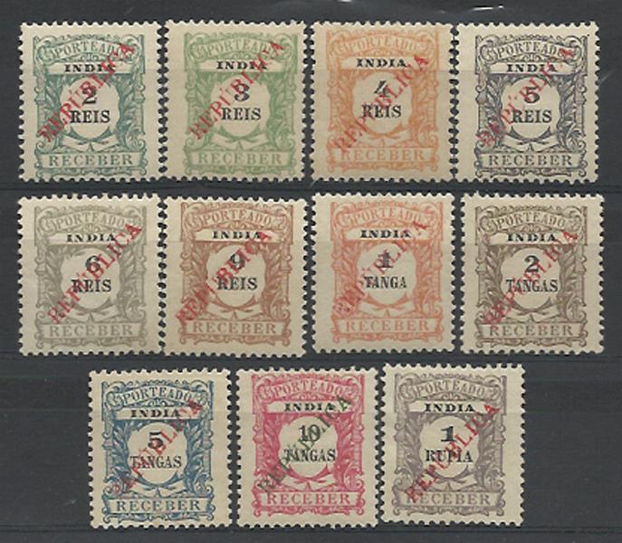 2511.jpg -     Lote:    2511      Lotes pelo Correio       Índia       Descrição:         1914 &mdash; Porteado. Emissão Regular com sobrecarga REPUBLICA local. CE POR 23/33. Série completa. Valor de catálogo &euro; 40,00.        *       Valor Base:     &euro; 6,00     Valor Venda:     &euro; 18,00     