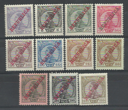 2525.jpg -     Lote:    2525      Lotes pelo Correio       Moçambique       Descrição:         1912 &mdash; D. Manuel II, com sobrecarga REPUBLICA. CE118/128. Série completa. Alguns valores com pontos de óxido no verso.        **/*       Valor Base:     &euro; 4,00     Valor Venda:     &euro; 4,00     