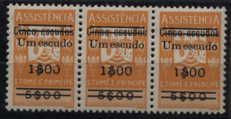 2540.jpg -     Lote:    2540      Lotes pelo Correio       S. Tomé e Príncipe       Descrição:         1965 &mdash; Imposto Postal. ASSISTÊNCIA, com sobretaxa. CE IP24, Um escudo / 1$00 s/ 5$00 amarelo. Tira horizontal de 3 selos. Um selo com "0" aberto.         ***       Valor Base:     &euro; 4,00     Valor Venda:     &euro; 9,00     
