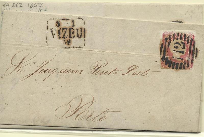 2555.jpg -     Lote:    2555      Lotes pelo Correio       Portugal       Descrição:         1856/58 &mdash; D. Pedro V. Cabelos anelados. CE13, 25 reis carmim, em sobrescrito circulado de Viseu (03.01.59) para o Porto + CE12, 25 reis azul (cortado ao meio no verso) em sobrescrito circulado de Viseu (19.12.57) para o Porto. Carimbos datados batidos a preto e azul. Lote a ver.        Carta       Valor Base:     &euro; 12,00     Valor Venda:     &euro; 12,00     