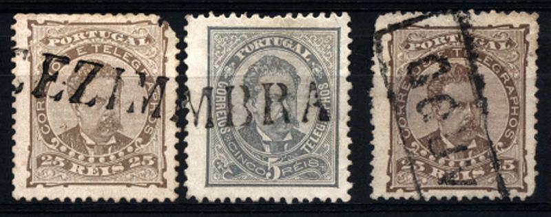 2567.jpg -     Lote:    2567      Lotes pelo Correio       Portugal       Descrição:         Carimbos nominativos. 1882/83 &mdash; D. Luís I, de frente CE57, 25 reis. Lote de 3 selos obliterados com carimbos batidos a preto "CEZIMBRA" x 2 e "GOUVÊA"        O       Valor Base:     &euro; 8,00     Valor Venda:     Retirado     