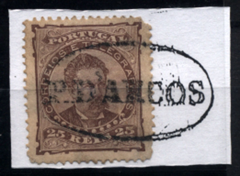 2571.jpg -     Lote:    2571      Lotes pelo Correio       Portugal       Descrição:         Carimbos nominativos. 1882/83 &mdash; D. Luís I. De frente. CE57, 25 reis castanho obliterado com carimbo nominativo batido a preto "P. D'ARCOS". Selo com pequeno defeito.        O       Valor Base:     &euro; 6,00     Valor Venda:     Retirado     