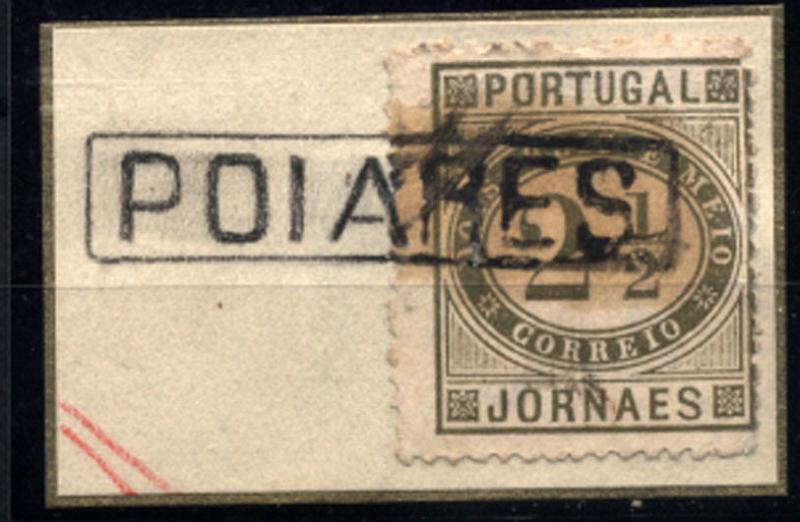 2573.jpg -     Lote:    2573      Lotes pelo Correio       Portugal       Descrição:         Carimbos nominativos. 1876 &mdash; Jornaes. CE48, 2 &frac12; reis verde oliva, denteado 13 &frac12;, obliterado com carimbo batido a preto de "POIARES".        O       Valor Base:     &euro; 6,00     Valor Venda:     &euro; 6,00     