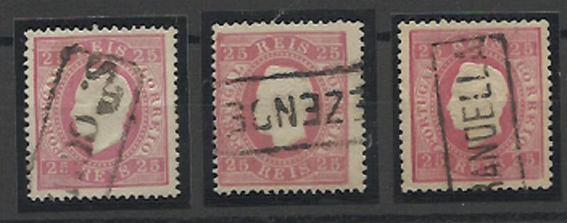 2578.jpg -     Lote:    2578      Lotes pelo Correio       Portugal       Descrição:         Carimbos nominativos. 1870/76 &mdash; D. Luís I. Fita direita. CE40, 25 reis carmim. Lote de três selos obliterados com carimbo batido a preto "S.ta COMBA DÃO", PROVEZENDE" e MIRANDELLA".        O       Valor Base:     &euro; 8,00     Valor Venda:     &euro; 8,00     