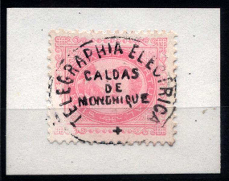 2583.jpg -     Lote:    2583      Lotes pelo Correio       Portugal       Descrição:         Carimbos da Telegrafia Eléctrica. 1884/87 &mdash; D. Luís. De frente. Novos valores. CE62, 20 reis carmim. Selo obliterado com carimbo batido a preto "TELEGRAPHIA ELECTRICA / CALDAS / DE / MONCHIQUE".        O       Valor Base:     &euro; 8,00     Valor Venda:     &euro; 12,00     