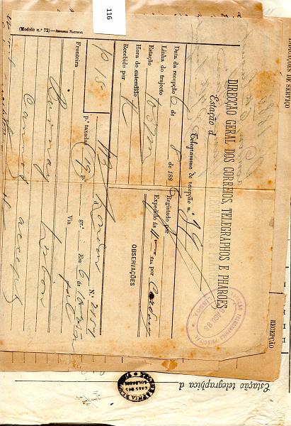 2586.jpg -     Lote:    2586      Lotes pelo Correio       Portugal       Descrição:         Carimbos da telegrafia eléctrica. Lote com 5 telegramas dos anos 1880 com carimbos dos Telégrafos, todos diferentes.: "Estação Telegraphica Principal de Lisboa" (3 diferentes, um deles datado); "Telegraphia Electrica / Belem"; "Telegraphia Electrica / Caes dos Soldados". Lote a ver        Lote       Valor Base:     &euro; 5,00     Valor Venda:     &euro; 5,00     