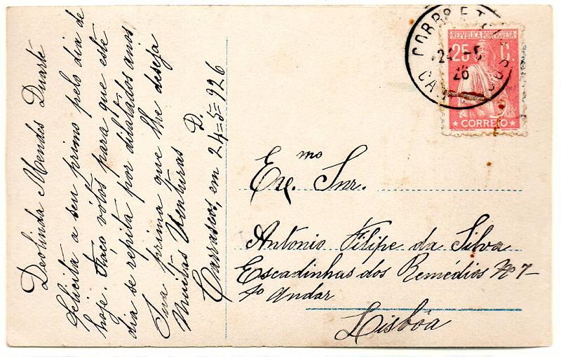 2587.jpg -     Lote:    2587      Lotes pelo Correio       Portugal       Descrição:         Carimbos tipo francês. 1923 &mdash; Ceres. CE255, 25c rosa em postal ilustrado circulado de Cardigos (24.05.26) para Lisboa. Carimbo batido a preto "CARDIGOS".        PI       Valor Base:     &euro; 6,00     Valor Venda:     &euro; 6,00     