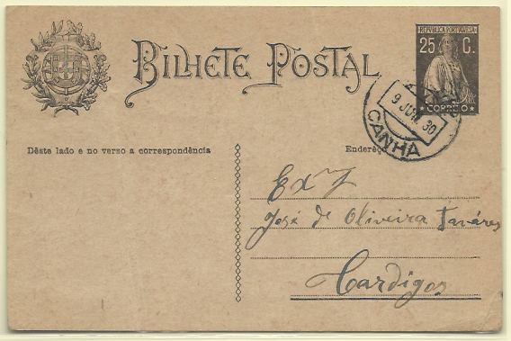 2590.jpg -     Lote:    2590      Lotes pelo Correio       Portugal       Descrição:         Carimbos circulares datados tipo 1880 * 1924/26 &mdash; Ceres. OM74, 25c preto, circulado de Canha (09.06.30) para Cardigos. Carimbo batido a preto de "CANHA".        IC       Valor Base:     &euro; 5,00     Valor Venda:     &euro; 14,00     